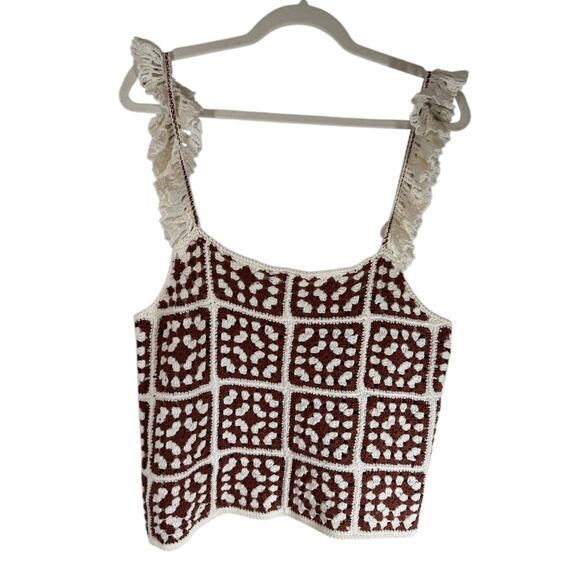 New Marine Layer Cora Crochet Tank Top Brown Cream Button Back Small - Picture 6 of 11